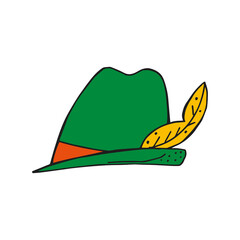 Oktoberfest 2022 - Beer Festival. Hand-drawn Doodle green hat with a feather on a white background. German Traditional holiday.