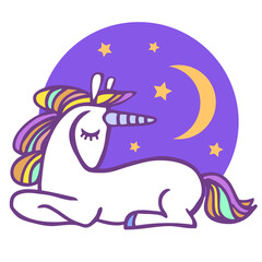  sleeping unicorn isolated on white background. Hand drawn illustration for print, sticker, poster, t shirt