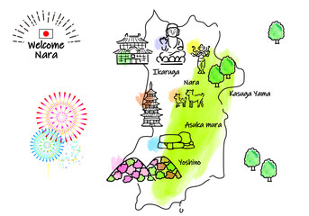 手描きの奈良の観光地のシンプル線画イラストマップ