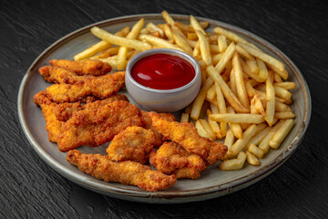 Chicken nuggets in batter, french fries and sauce. Fast food. Satiated nutritious food in a ceramic plate on a dark textured background. Restaurant menu Isolated on black