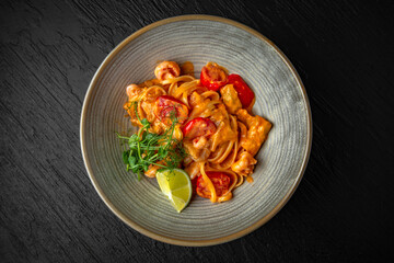 Delicious pasta with seafood and tomato sauce in a ceramic plate on a dark textured background. Restaurant menu Isolated on black