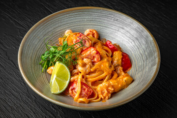 Delicious pasta with seafood and tomato sauce in a ceramic plate on a dark textured background. Restaurant menu Isolated on black