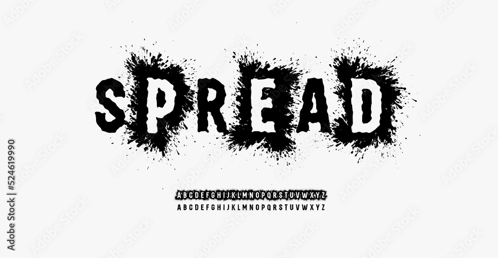 Poster grunge uneven font with spread splash, high letters with spray effect. rough alphabet for punk headl