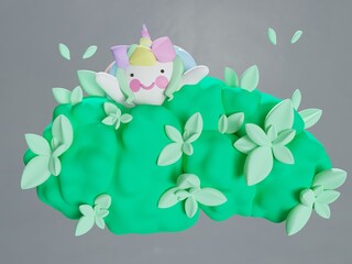 Unicorn and bush, cute cartoon characters, 3D rendering.