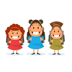 Cartoon happy schoolgirls. Three girls with backpacks