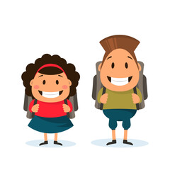 Cartoon happy schoolchildren. Boy and girl with backpacks