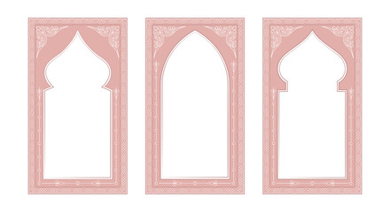 Set of Arabic arch and windows. Islamic architecture elements. Set of Arab frames. Mosque gate pattern. Islamic arabesque pattern. Muslim Arabian arches. SVG vector illustration.