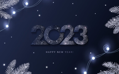 Happy New Year 2023 beautiful sparkling design of numbers on dark blue background with lights, pine branches and shining falling snow. Trendy modern winter banner, poster or greeting card template