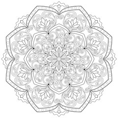 Colouring page, hand drawn, vector. Mandala 75, ethnic, swirl pattern, object isolated on white background.