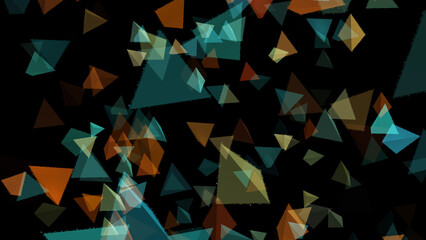 Futuristic multi-colored geometric pyramids randomly move in space. Close-up. 3D. 4K background animation of moving geometric shapes. Isolated black background.