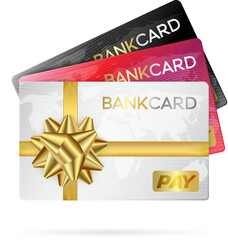 Credit or debit cards with golden ribbon. Gift cards concept.
