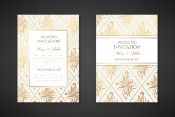 Vintage wedding invitation templates. Cover design with gold tra