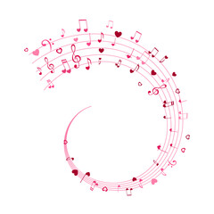 Hearts and Notes on the swirl. Love Music decoration element isolated on the white background.