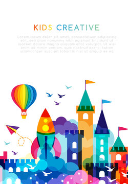 Kids imagination castle. Colorful childhood fantasy fort with rainbow towers, rocket, clouds, planet elements. Vertical border for design kids club, preschool room or kindergarten