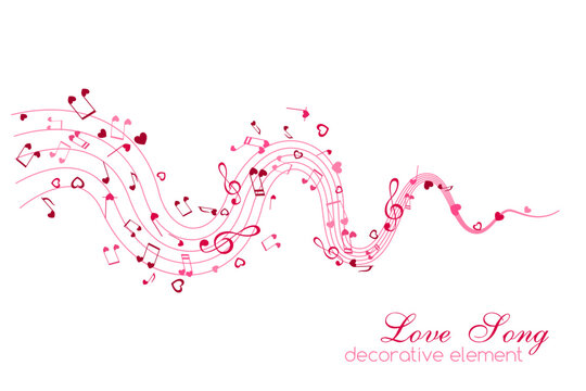 Notes and Hearts on the wavy path. Love Music decoration element isolated on the white background.