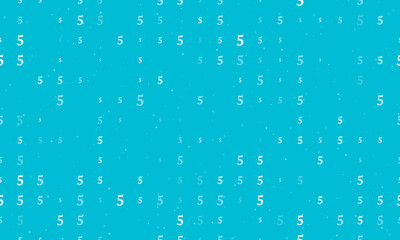 Seamless background pattern of evenly spaced white number five symbols of different sizes and opacity. Vector illustration on cyan background with stars