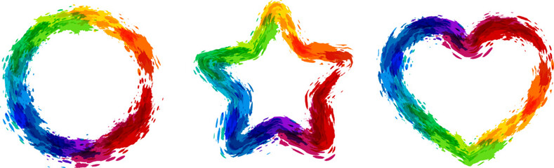 Rainbow splash vector illustration. Circle, star, and heart frames.