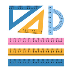 Set of plastic multicolored rulers of different lengths: 10, 15 and 20 centimeters or inches. School measuring ruler, triangle, protractor. Vector illustration in a flat style.
