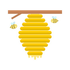 Cute honeycomb with dripping sweet honey on brown branch tree and fat bee frying cartoon character flat vector icon design.