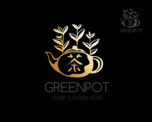 China teapot with green tea leaves and hieroglyph. Vector logo template.