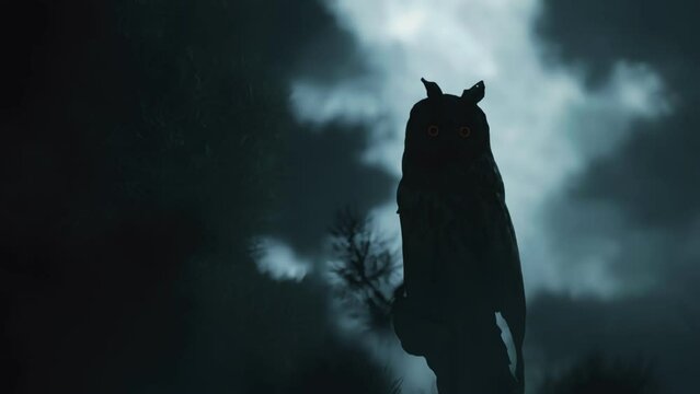 awakening owl sitting on tree illuminated by bright moonlight