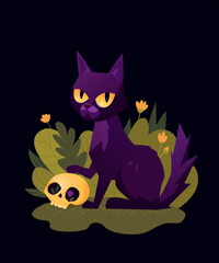 Black Cat With Skull and Flowers Vector, Evil Cat, Halloween Cat Illustration. Cat Art.