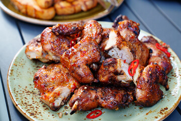 a plate of grilled meat. chicken kebab. 
