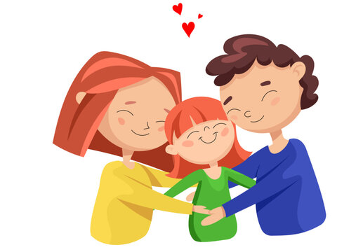 Vector cute family. Mom in a yellow sweater, baby, daughter in a green sweater, dad in a blue sweater. Good family photo, everyone is smiling