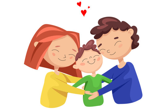 Vector cute family. Mom in a yellow jacket, a child, a son in a green jacket, dad in a blue jacket. Good family photo, everyone is smiling