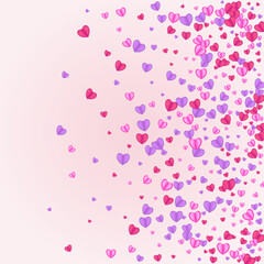 Purple Confetti Background Pink Vector. Cut Illustration Heart. Red Element Backdrop. Lilac Heart Falling Texture. Fond Romantic Frame.