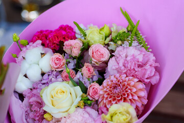 beautiful pink and lilac bouquet of fresh flowers.