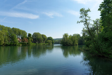 Fototapeta premium Marne river and mouth of the Morbras river in Bonneuil-sur-Marne city. Grand Paris area