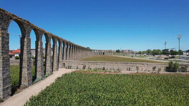 Drone Flight over the Santa Clara Aqueduct near corn field in the North of Portugal