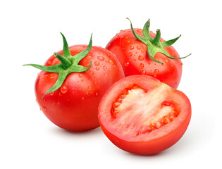 Fresh juicy red Tomato with cut in half and water drops isolated on white background. Clipping path.