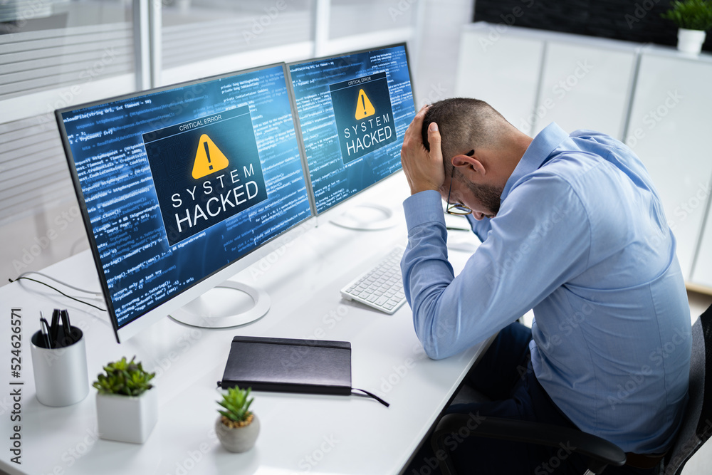Poster ransomware malware attack. business computer hacked