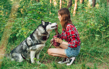 teenage girl playing and having fun with her siberian husky dog. Girl with dog in the forest