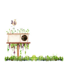 Watercolor hand drawn fantasy bird and a birdhouse with flowers and plants on grass, isolated on white background. Design for cards, gift bags, invitations, textile, print, wallpaper, for children