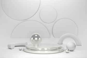 Mock up studio with white cylindrical shapes, podium, platforms for product presentation, with chome object decoration on gray background. 3d rendering