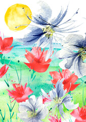 watercolor painting. A bouquet of flowers of poppies, wildflowers. chamomile, aster, cornflower.Hand drawn watercolor floral illustration, logo. Green grass,blue sky, hill, abstract paint splash