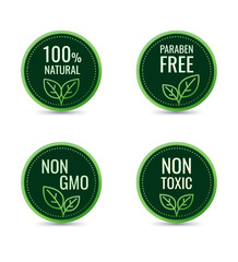 Green 100% natural paraben free non GMO, non toxic, label badge. Nature leaf icon, vector.