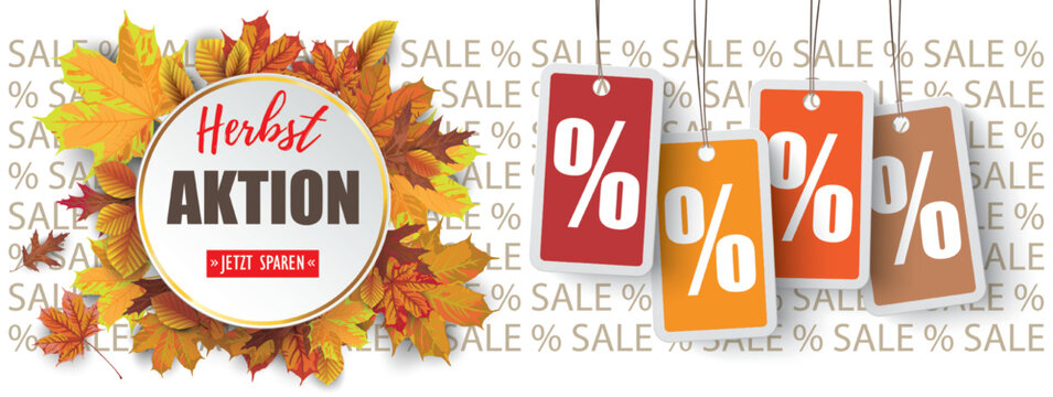 Herbstaktion Banner Herbstlaub und bunten Preisschildern mit Prozentzeichen