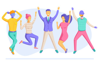 flat vector illustration isolated on white background, joyful people in business clothes celebrating victory or success