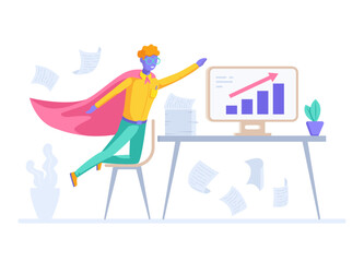 flat vector illustration isolated on white background, a man in a superhero cape near a desktop with a computer and a stack of papers, growing chart and flying paper