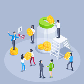 isometric vector illustration on a gray background, people carry gold coins to the jar piggy bank, filling the fund or deposit