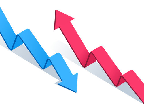 isometric vector image on a white background, stepped arrows of blue and red color directed oppositely up and down, flow and growth in the economy
