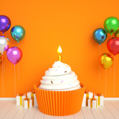 Orange golden happy birthday cake invitation card banner background with balloons, candle and giftbox