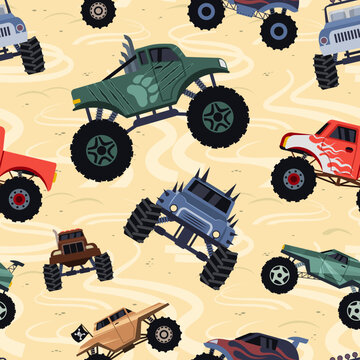 monster trucks pattern. textile design templates for kids room interior with big wheel colored cars for extreme sport. Vector seamless background