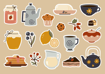 Tea stickers. Vector illustrations about tea party and leisure.