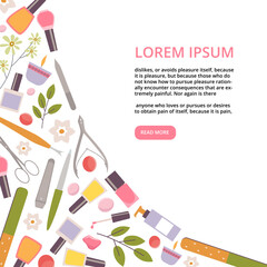 cosmetics background. decorative corner with fashioned beauty tools for womens stylish nail polish items. Vector cartoon template with place for text