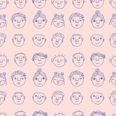 Trendy people faces pattern, great design for any purposes. Hand drawn illustration.